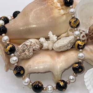 19" PEARL NECKLACE/EARRINGS ENAMEL DRAGON BEADS STERLING SILVER 925 NWOT Beauty!